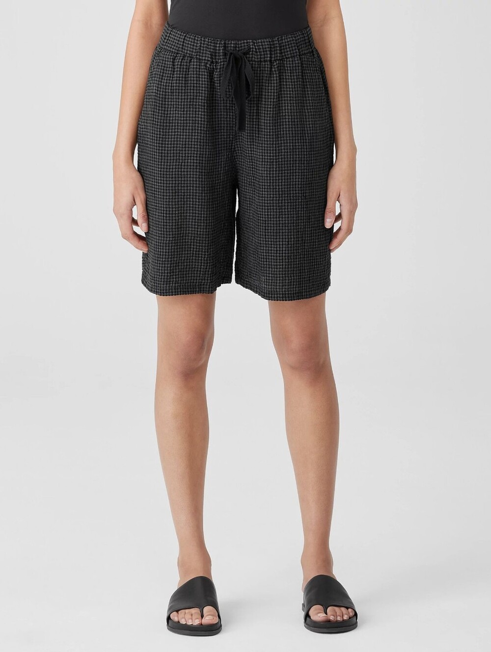 Eileen Fisher Puckered Organic Linen Short Gray And Black Check Print